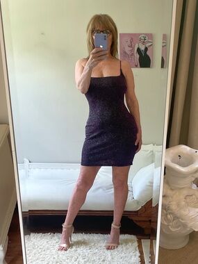 WINDSOR PURPLE SILVER METALLIC SLIP DRESS OPEN BACK STRETCH CRISS CROSS DESIGN